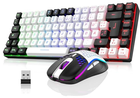 RedThunder 75% Teclado Inalámbrico Gaming,Retroiluminación RGB,Ratón Celular Ligero de 3200 dpi,Teclado Ultra-Compacto 85 Teclas Anti-ghosting,Disposición DE,para PC/PS5/Xbox (Bianco-Nero)