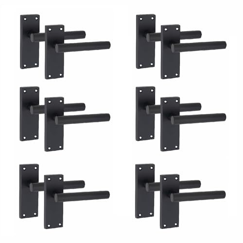 Golden Grace Victorian Straight Door Handles Latch, 6 Pair, Matt Black | Includes spindles and screws for quick installation on internal wooden doors; sturdy zinc build with a 120mm x 40mm backplate