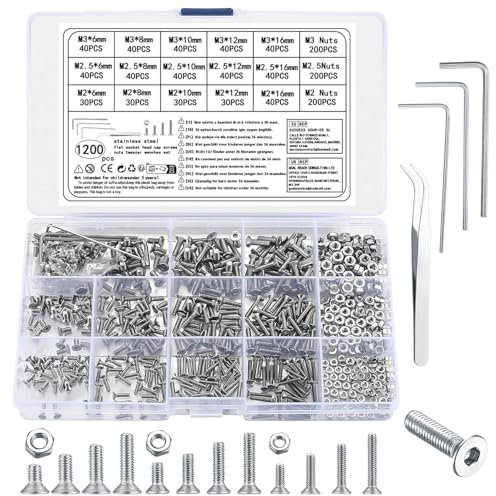 wugongshan 1200 Pezzi Viti Bulloni e Dadi a Testa Esagonale, M2 M2.5 M3 Viti a Testa Svasata Esagonale Cilindrica con Esagono Incassato Assortimento Kit per Mobili Garage Casa
