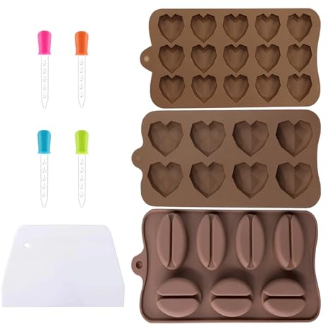 Molde de silicona de 3 piezas, juego de moldes de silicona para chocolate con boquillas y espátula para tarta de queso, mousse, 2 moldes para hornear en forma de corazón y 1 en forma de grano de café