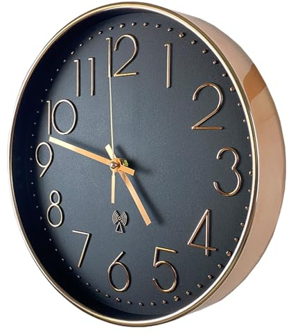 CUYOU Atomic Time Analog Wall Clock | 12 Gold Plated and Polished Frame, Sets Time Automatically | Quartz Movement | Battery Operated | Classic Design (Black)