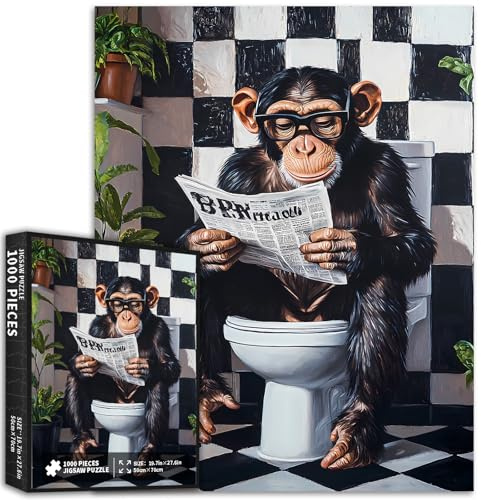 Monkey Sitting on Toilet 1000 Piece Jigsaw Puzzles for Adults Monkey Reading Newspaper Art Puzzle Colorful DIY Puzzles for Home Decoration Gifts Family Puzzle Perfect for Game Nights 20×27 Inches