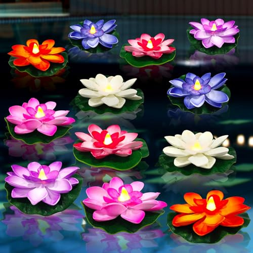 YAHAHARICH 12Pack Floating Lotus Tea Lights - 3.93 Inch Water Lily LED Candles for Pool,Bath,Wedding,Party Decor - Floating Color Changing Lotus Flower Pool Lights(12)