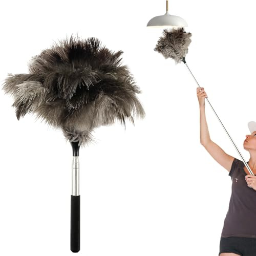 Extendable Ostrich Feather Duster with Nonslip Long Handle 43 inch Retractable Feather Dusters for Cleaning High Ceiling Fan Pendant Lamp High Ceiling Blinds Furniture