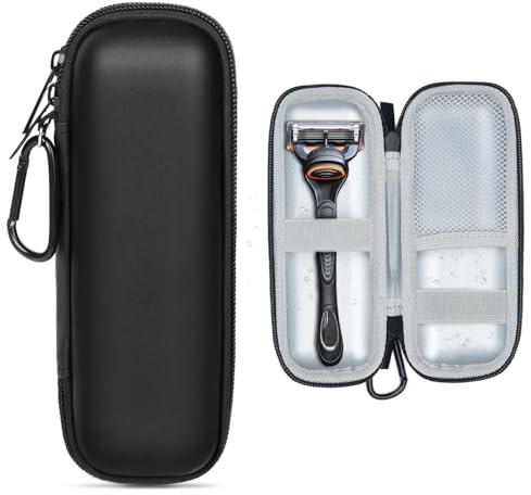 HunDun PU-Tasche für Gillette Fusion 5, ProGlide und Mach3 Nassrasierer – Wasserdichtes, tragbares Reiseetui mit Karabiner