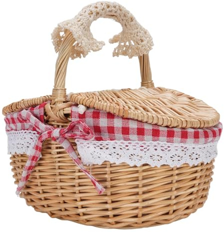 Canasta de Picnic de Mimbre con Tapa y Mango, Canasta de Picnic para Acampar Vegetales, Tapa de Apertura Dual y Revestimiento Extraíble (Red)
