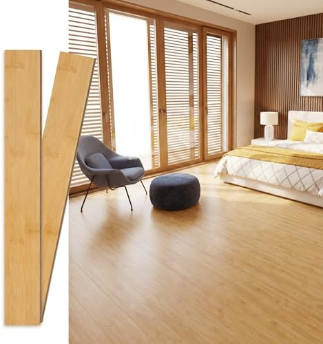 Solid Bamboo Floor, Carbonised Design, Easy DIY Solid Wood Flooring Planks Interlocking for Living Room, Dining Room & Bedroom (14 Pieces 20 Sq Ft, 40.15 Inches L x 5.11 Inches W x 0.6 Inches D)