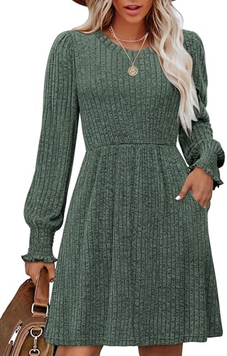 Aokosor Long Sleeve Dress for Women Jumpers Dress Puff Sleeve Tunic Dress with Pockets Fall Outfits 2025 Green Size 14-16 L