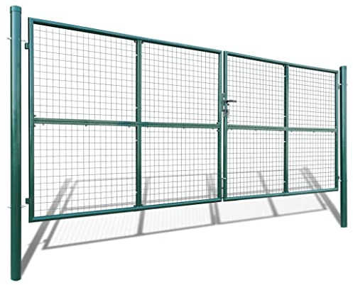 Festnight Puerta de Jardín Doble 415 x 200 cm, Puerta de Exterior, Puerta para Valla con Sistema de Cerradura, Cancela de Valla, Verde Oscuro