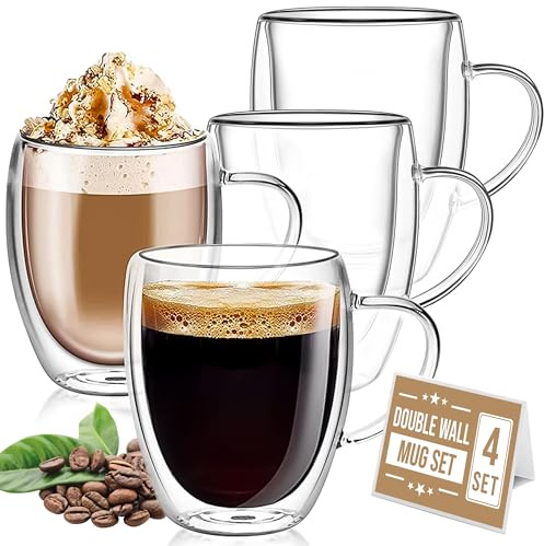 CRYSTALIA Double Walled Coffee Glasses 350ml Set of 4, Insulated Cappuccino Latte Macchiato Mugs with Handle, Heat Resistant Borosilicate Glass Cups for Hot & Cold Drinks