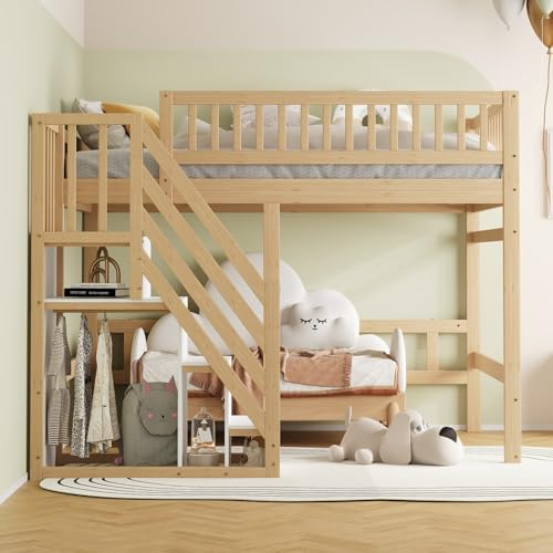 KOMHTOM Lit Mezzanine en Bois, Lit Surélevé, Cadre de lit pour Enfants et Adolescents, Escalier de Rangement, Barrière de Sécurité, Chambre à Coucher(sans Matelas) (Naturel, 140x200 cm)