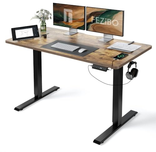 FEZIBO Bureau Assis Debout avec Ports de Charge USB-A et USB-C - 140 x 70 cm - Bureau électrique réglable en Hauteur - Standing Desk - Marron