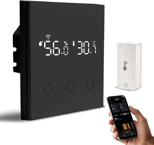 Interrupteur Tactile Mural Mini Capteur Température d'humidité d'intérieur | Tuya Interrupteur Lumière Connecté avec Rétroéclairage Numérique WiFi 2,4GHz(Neutre Requis)pour Smart Life/Alexa,3 Voies Noir