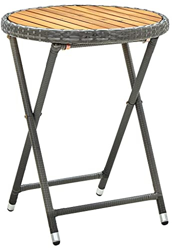 HaoChrymec Mesa Auxiliar de Exterior, Mesa de jardín Gris con ratán sintético y Madera de Acacia Maciza, diseño Plegable y Resistente a la Intemperie, Coffee Table para terraza o Camping, 60 x 75 cm