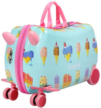 Dekko Kids Luggage Ride-On Suitcase, 2-in-1 Travel Luggage for Toddlers & Children, Carry-On Trolley with Spinner Wheels, Shoulder Strap, Waterproof Hard Shell, 50kg Capacity (Light Green)