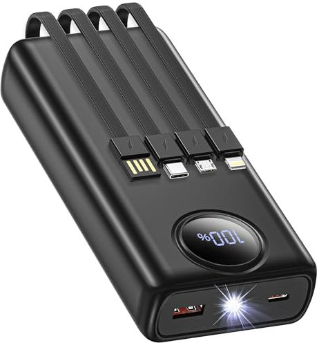 Powerbank 20000mAh, 22.5W Schnelllade Power Bank mit 4 Kabel Power Bank | Fast Charge Battery Bank mit LED Display Compatible with iPhone 17/16/15/14/13/12/11/8/SE,iPad,Samsung,Xiaomi,Huawei,Pixel