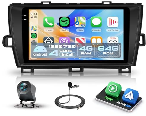 4G+64G Android Radio de Coche para Toyota Prius 3 XW30 2009-2015 Inalámbrico Carplay Android Auto, 9 Pulgadas Incell Pantalla Táctil Radio con GPS Navi WiFi Bluetooth FM/RDS EQ/USB/SWC Cámara Trasera