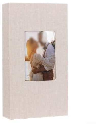 Álbum de fotos de 300 bolsillos de 4 x 6 pulgadas, cubierta de lino, diseño deslizante, libro de fotos familiar para almacenamiento a largo plazo, fundas de fotos de plástico transparente (caqui)