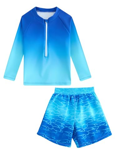 JiAmy Boys Long Sleeve Swimsuit Set 2PCS Kids Rash Guard Swimwear with Zip Front Top & Swim Shorts with Pockets Bathing Suit for 3-12 Years