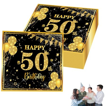 40 Stück Servietten 50. Geburtstag,Gold Happy Birthday Servietten Schwarz 33x33 cm,Tischdeko und Deko für 50. Geburtstag Mann Frau Geburtstagsdeko,Geburtstagsfeier Party Jubiläum Tischdekoration
