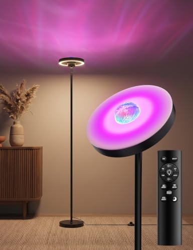 LANMOU LED Deckenfluter 24W Dimmbar mit RGB-Wasserwellen, 1900 lm, Schwarz | LED Stehlampe mit 350° Schwenkbarem Kopf, Magnet-Fernbedienung und Memory-Funktion für Indirekte Beleuchtung