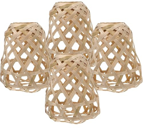Paralume in Bambù Intrecciato, Set 4 Pezzi, Foro 3cm, Stile Rustico | Copre Sorgente Luminosa, Effetto Retrò Vintage, Leggero e Multiplo, per Lampadari e Stringhe Decorative