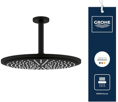GROHE Rainshower Cosmopolitan 310 Head Shower Set (Ceiling Shower Arm 142 mm, Showerhead 310 mm Rain Spray Pattern, Water Saving 9.5 l/min, Anti-Limescale System), Round Shape, Phantom Black, 26067KF0