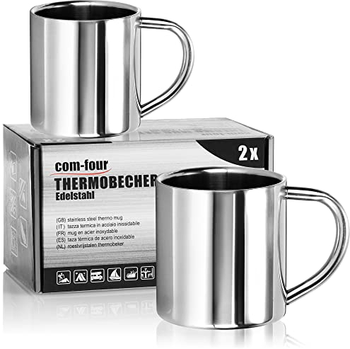 com-four® Lot de 2 gobelets isothermes en acier inoxydable 220 ml – tasses à café double paroi – mugs thermiques incassables sans BPA – parfaits pour le camping et les voyages