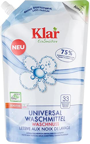Klar eco Sensitive Universalwaschmittel Waschnuss Nachfüllbeutel 2x1,5l, ohne Duft, 33 Waschladungen, für Allergiker, vegan