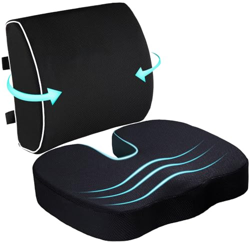 Coccyx Seat Cushion and Lumbar Support Pillow for Office Chair Wheelchair, Orthopedic Car Seat Cushion Memory Foam Back Support Cushion for Lower Back Pain,Tailbone & Sciatica Pain Relief Black