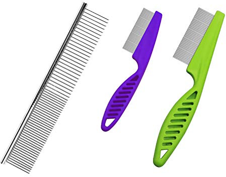 CaLeQi Pet Steel Kämme Flohkamm für Hunde und Katzen, Läuse, Kämme mit feinen Zähnen, verhindert Knoten und Matten für lang- und kurzhaarige Haustiere, 3 Stück