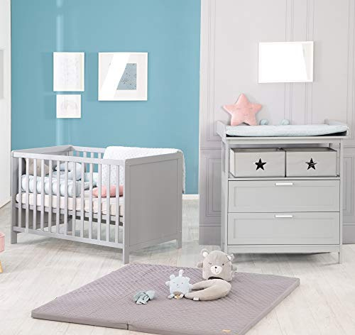 roba Babyzimmer Set 2 teilig - Wickelkommode Hamburg mit Wickeltisch abnehmbar & 2 Schubladen + Babybett 60 x 120 cm mit Funktion als Beistellbett - Holz grau