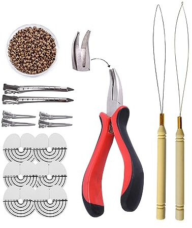 Hair Extensions Kit: I-tip Hair Pliers,Pulling Needle,Loop Threader and 500 Pieces 2.5mm Hair Extension Nano Beads Rings (Dark Blonde)