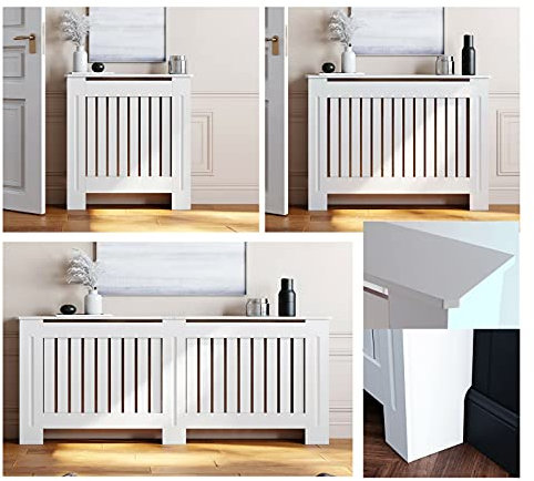 DayPlus Radiator Cover White Modern Slatted Design Grill Shelf Slats MDF Wood Cabinet with Top Shelf Chelsea Style for Living Room Bedroom Dining Room Hallway Traditional Furniture, Small