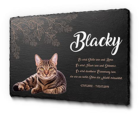 CHRISCK design Tier Grabstein Katze & Hunde aus Schiefer - Gedenkstein Grabschmuck wetterfest - Erinnerung an geliebtes Haustier mit eigenem Foto