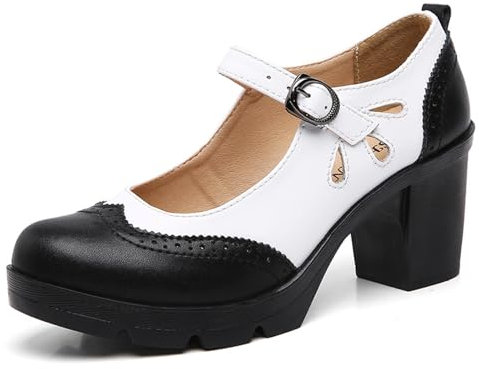 DADAWEN Womens Mid Block Heel Ankle Strap Court Shoes Comfort Work Office Mary Jane Pumps Black & White 7 UK