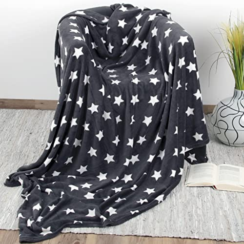 Bestlivings Kuscheldecke XXL (180x220 cm) - Anthrazit - Flauschdecke Microfaser-Decke mit Sternen-Muster, große weiche Wohn-Decke zum kuscheln