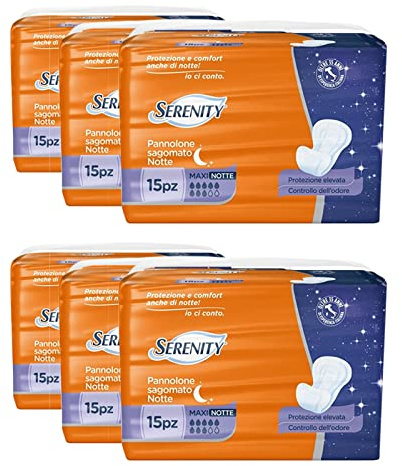 SERENITY PANNOLONI SAGOMATI MAXI NOTTE IN CONFEZIONE DA 15 PEZZI (Maxi Notte | 6 confezioni)