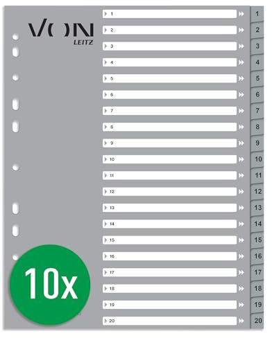 VON Leitz 10er Pack Zahlen-Register A4, 1-20 nummerierte Trennblätter für Ordner, PP, Extra breit, 11-Loch-Universalregister für Schnellhefter & Ringbücher, Grau, 12720085