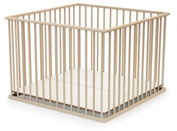 Webaby - Laufstall Baby Holz 100x100 Buche Natur |Laufgitter XXL mit Boden 3 Stufen Höhenverstellbar| Weniger als 24 Monate alt