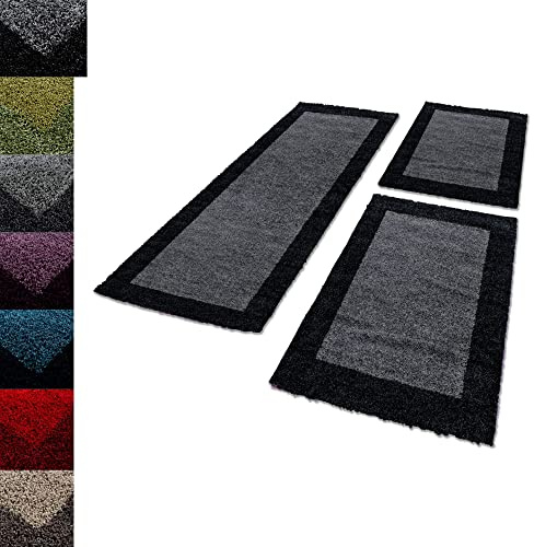 Carpettex Bettumrandung Schlafzimmer 3teilig Shaggy Teppich Hochflor Bordüre Muster Anthrazit Bettset:2 mal 60x110 + 1 mal 80x150 - Bettvorleger Schlafzimmer Läuferset Langflor Bettumrandung Teppich