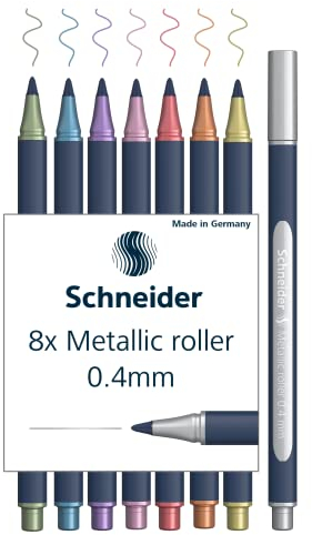 Schneider Paint-It Metallic Rollerball 050 (Strichstärke 0,4 mm, hochmetallische Tinte, schnelltrocknend, Gehäuse aus 88% biobasiertem Kunststoff) 8 Stück sortiert
