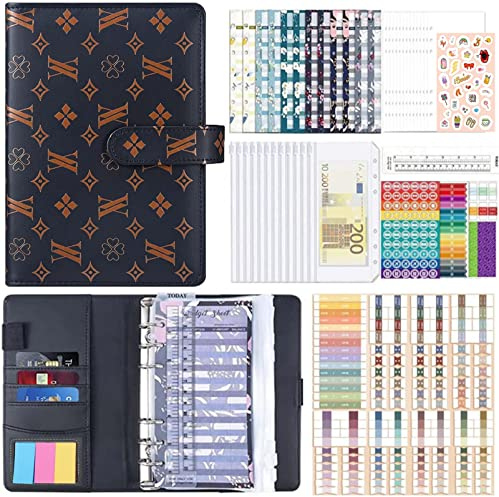 Budget Planner Deutsch,A6 PU Leder Budget Binder Cash Stuffing,Geld Organizer Sparen Mappe Einschließlich 12 Haushaltsplaner,12 durchsichtige Geldumschläge,60 Haftnotizen (Braun und schwarz)