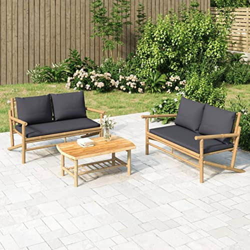 Yolola Gartenmöbel Bambus 3-TLG. Gartenlounge Bambus Sofa Bambus-Möbel Sitzgruppe Outdoor Sitzlounge Balkon Loungemöbel-Set Gartenmöbel Set Holz mit Dunkelgrauen Kissen Bambus