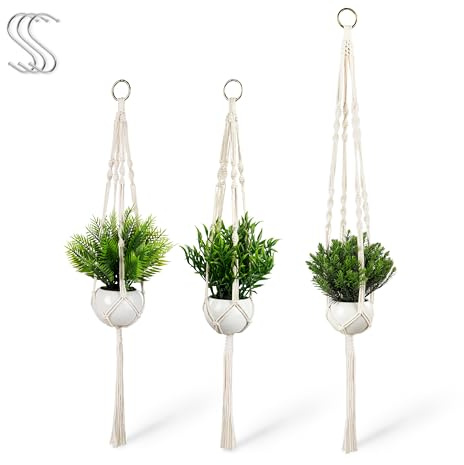PASCH® Set med 3 konstgjorda växter med makramé, amplar och vita keramiska krukor | konstgjorda växter (23 cm) + blomampel, makramé (80–100 cm) | konstgjord hängväxt, konstgjorda hängväxter