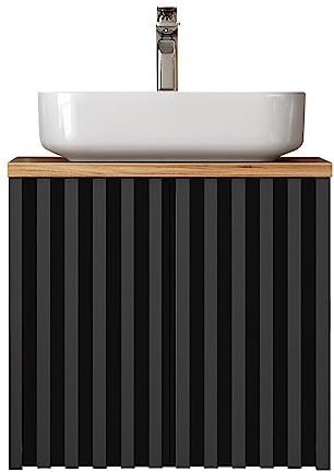 Lomadox Waschtisch Unterschrank 60 cm mit 2 Türen Waschtischplatte Wotan Eiche Nb. Keramik Aufsatzwaschbecken in schwarz mit Lamellenfront B/H/T 60,4/71,5/45,5 cm