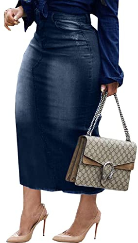 Midi Jean Skirt for Women Long Denim Skirts with Back Slit Pockets High Waisted Stretch Frayed Raw Hem DarkBlue XL