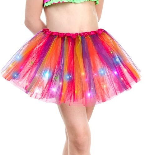 Kefiyis Tüllrock Mädchen Tütü mit Lichterkette Tutu Rock Elastischer Bund Minirock für Ballett Halloween Karneval Party Mehrfarbig
