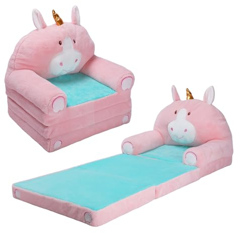 Plüsch Faltbarer Kinder-KinderSofa-Rückenlehen-Sessel 2 in 1, Weiche Cartoon Kindersessel mit Reißverschluss, Standfest Leichtgewicht Flip Open Kinderstuhl für Schlafzimmer Wohnzimmer, Einhorn