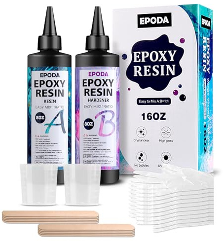 EPODA Resin Kit 16oz/474ml, Epoxy Resin and Hardener, Bubble Free Casting Resin, Clear Crystal Resin Kits for Beginners with Measuring Cups, Sticks, Gloves